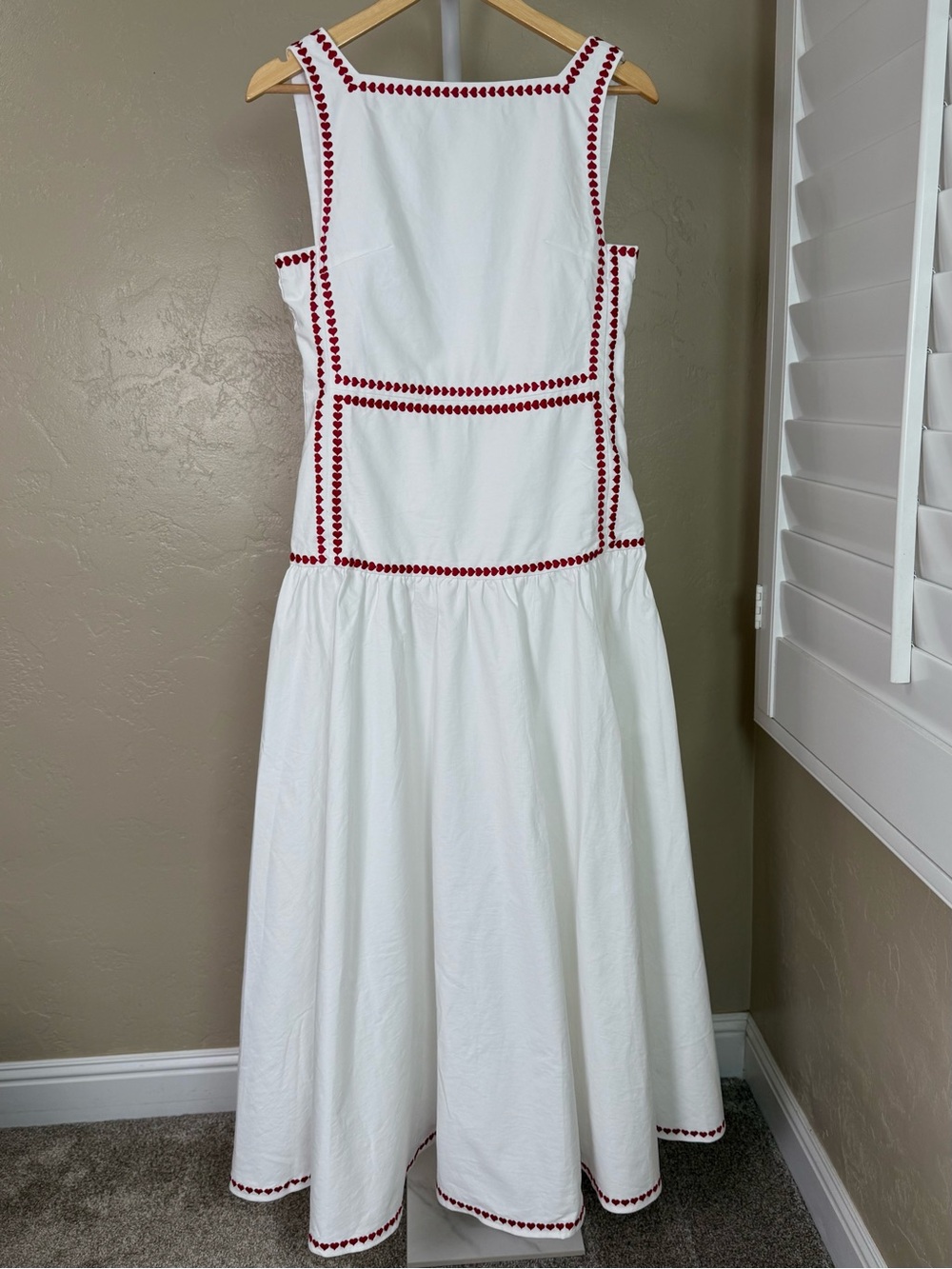 Commense White Red Heart Embroidered Trim Cotton Maxi Dress Medium NWT Tie Back - Picture 4 of 12